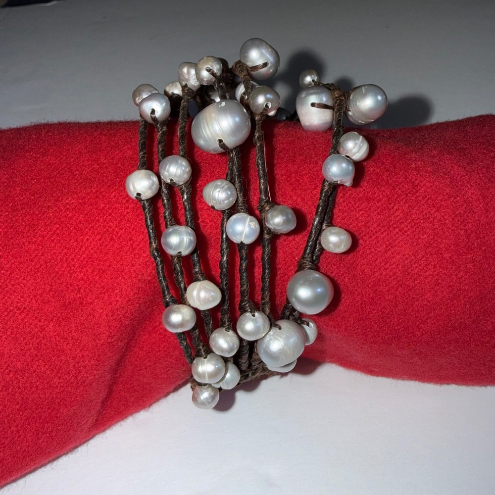 Baroque Freshwater Pearl Wrap Bracelet Brown Multi Strand Boho Coastal White - Picture 3 of 8